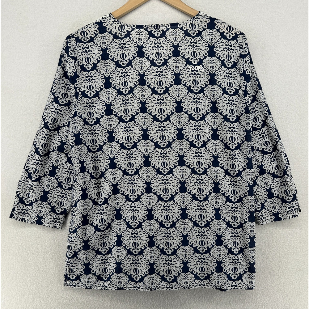 TALBOTS Top M Lace Bib Tunic Medallion Print Split Neck 3/4 Sleeve Cotton Blue - Picture 3 of 10